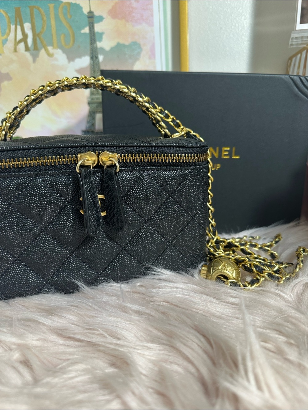 GWP  Black Quilted Vanity Crossbody Bag with Gold Chain